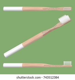 realistic 3d bamboo toothbrush isolated on green background, vector illustration