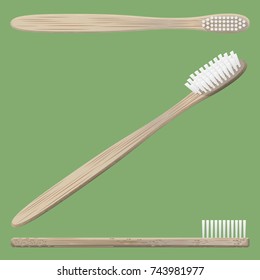 realistic 3d bamboo toothbrush isolated on green background, vector illustration