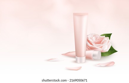 Realistic 3D banner template for skin care cream. Ad Packaging mockup for cosmetic and medical products with Two tube of cream, flower and petals rose. Vector illustration