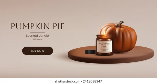 A realistic 3d banner with a wooden podium showcasing a realistic pumpkin with candle in brown jar, with a warm glow. Festive and romantic ambiance, perfect for autumn and holidays. Not AI generated