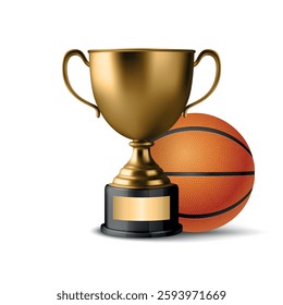 Realistic 3d Basketball Championship Trophy, Vector Illustration. Golden Winner Cup and Basketball Ball. Sports Award, Victory Symbol. Competition, League, Team Achievement, Sport Event Concept