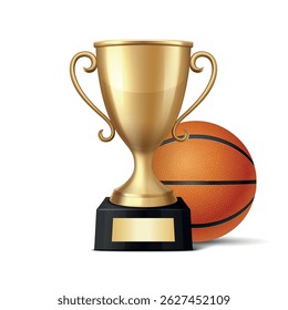 Realistic 3d Basketball Championship Trophy, Vector Illustration. Golden Winner Cup and Basketball Ball. Sports Award, Victory Symbol. Competition, League, Team Achievement, Sport Event Concept
