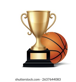 Realistic 3d Basketball Championship Trophy, Vector Illustration. Golden Winner Cup and Basketball Ball. Sports Award, Victory Symbol. Competition, League, Team Achievement, Sport Event Concept