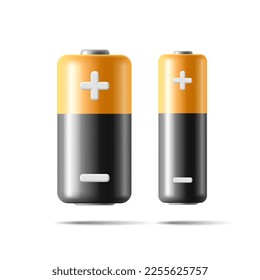 Realistic 3D battery black with orange with plus and minus. Glossy modern image on a white background for promotional advertising branding.