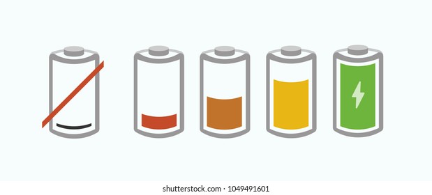 Realistic 3D battery charge indicator icons in vector graphics