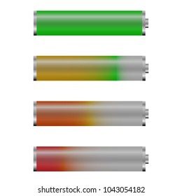Realistic 3d battery icons set with full and low charge status energy level isolated vector illustration