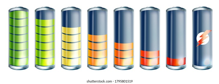 Realistic 3d battery icons set. Battery charge indicators with low and high energy levels isolated on background. Icons for gadget interfaces. Vecror illustration