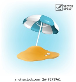 Realistic 3d beach umbrella on sand, summer vacation concept, tropical sunshade, seaside travel, vector illustration, blue and white parasol, holiday relaxation, outdoor leisure, eps10