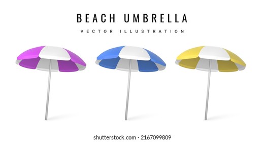 Realistic 3D beatch umbrella isolated on white background. Summertime object. Vector illustration.