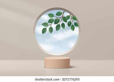 Realistic 3D beige cylinder pedestal podium with green leaf and blue sky in circle window. Vector abstract studio room with geometric platform. Minimal scene for products showcase, Promotion display.