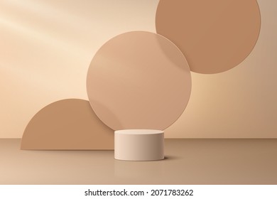 Podio peatonal del cilindro beige 3D realista con fondo de solapamiento de vidrio circular marrón. Sala de estudio abstracta vectorial con plataforma geométrica. Lugar mínimo de lujo para el escaparate de productos, pantalla Promoción