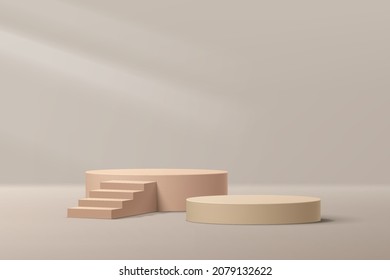 Realistic 3D beige cylinder pedestal podium set with stair and lighting, shadow overlay. Vector abstract studio room with geometric platform. Minimal scene for products showcase, Promotion display.