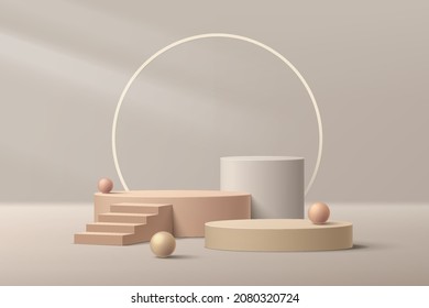 Realistic 3D beige cylinder pedestal podium set with stair, balls and ring backdrop. Light brown minimal scene for products showcase, Promotion display. Vector abstract studio room platform design. 