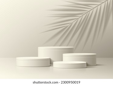 Realistic 3D beige cylinder pedestal podium background with palm leaf shadow overlay. Wall minimal scene mockup products stage showcase, Cosmetic banner promotion display. 3D abstract empty platforms.