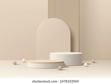 Realistic 3D beige cylindrical podium background with ball, Arch backdrop scene. Minimalist 3D mockup pedestal, Abstract product display presentation, Stage showcase. Platforms vector geometric design