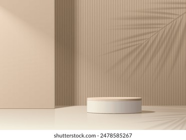 Realistic 3D beige cylindrical podium background with palm leaf shadow scene. Minimalist 3D mockup pedestal, Abstract product display presentation, Stage showcase. Platforms vector geometric design.