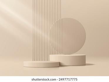 Fondo de podio cilíndrico beige realista 3D con vidrio redondo, escena de rayas de Vertical. Pedestal de maqueta minimalista, presentación Abstractas del producto, escaparate del escenario. Diseño de Vector de plataformas.