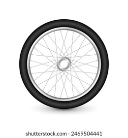 Realistic 3d bicycle wheel. Bike rubber tire, shiny metal spokes and rim. Fitness cycle, touring, sport, road and mountain bike. Vector illustration