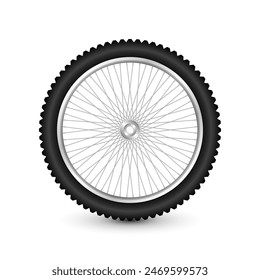 Realistic 3d bicycle wheel. Bike rubber tire, shiny metal spokes and rim. Fitness cycle, touring, sport, road and mountain bike. Vector illustration