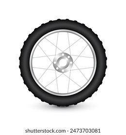 Realistic 3d bicycle wheel. Bike rubber tire, shiny metal spokes and rim. Fitness cycle, touring, sport, road and mountain bike. Vector illustration