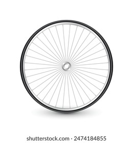 Realistic 3d bicycle wheel. Bike rubber tire, shiny metal spokes and rim. Fitness cycle, touring, sport, road and mountain bike. Vector illustration.