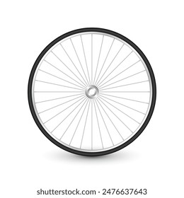 Realistic 3d bicycle wheel. Bike rubber tire, shiny metal spokes and rim. Fitness cycle, touring, sport, road and mountain bike. Vector illustration