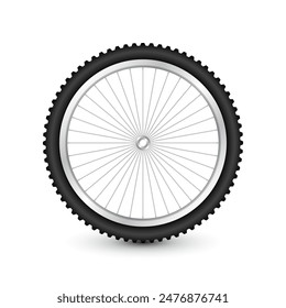 Realistic 3d bicycle wheel. Bike rubber tire, shiny metal spokes and rim. Fitness cycle, touring, sport, road and mountain bike. Vector illustration