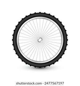 Realistic 3d bicycle wheel. Bike rubber tire, shiny metal spokes and rim. Fitness cycle, touring, sport, road and mountain bike. Vector illustration