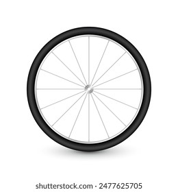 Realistic 3d bicycle wheel. Bike rubber tire, shiny metal spokes and rim. Fitness cycle, touring, sport, road and mountain bike. Vector illustration