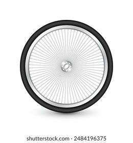 Realistic 3d bicycle wheel. Bike rubber tire, shiny metal spokes and rim. Fitness cycle, touring, sport, road and mountain bike. Vector illustration