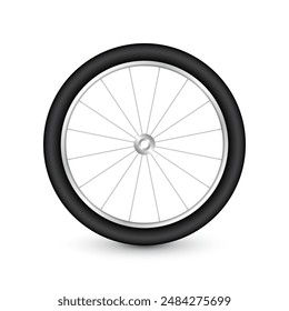 Realistic 3d bicycle wheel. Bike rubber tire, shiny metal spokes and rim. Fitness cycle, touring, sport, road and mountain bike. Vector illustration