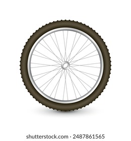 Realistic 3d bicycle wheel. Bike rubber tire, shiny metal spokes and rim. Fitness cycle, touring, sport, road and mountain bike. Vector illustration.