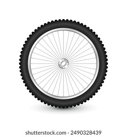 Realistic 3d bicycle wheel. Bike rubber tire, shiny metal spokes and rim. Fitness cycle, touring, sport, road and mountain bike. Vector illustration