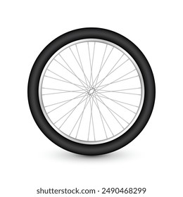 Realistic 3d bicycle wheel. Bike rubber tire, shiny metal spokes and rim. Fitness cycle, touring, sport, road and mountain bike. Vector illustration