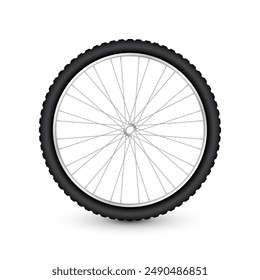 Realistic 3d bicycle wheel. Bike rubber tire, shiny metal spokes and rim. Fitness cycle, touring, sport, road and mountain bike. Vector illustration