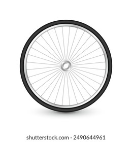 Realistic 3d bicycle wheel. Bike rubber tire, shiny metal spokes and rim. Fitness cycle, touring, sport, road and mountain bike. Vector illustration