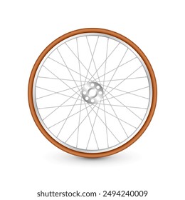 Realistic 3d bicycle wheel. Bike rubber tire, shiny metal spokes and rim. Fitness cycle, touring, sport, road and mountain bike. Vector illustration.