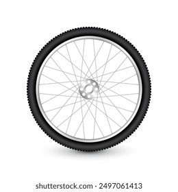 Realistic 3d bicycle wheel. Bike rubber tire, shiny metal spokes and rim. Fitness cycle, touring, sport, road and mountain bike. Vector illustration