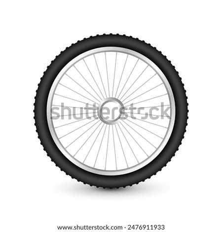 Realistic 3d bicycle wheel. Bike rubber tire, shiny metal spokes and rim. Fitness cycle, touring, sport, road and mountain bike. Vector illustration