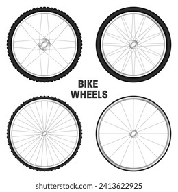 Realistic 3d bicycle wheels. Bike rubber tyres, shiny metal spokes and rims. Fitness cycle, touring, sport, road and mountain bike. Vector illustration