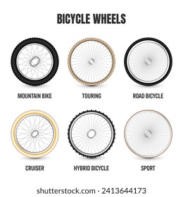 Realistic 3d bicycle wheels. Bike rubber tyres, shiny metal spokes and rims. Fitness cycle, touring, sport, road and mountain bike. Vector illustration