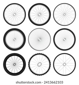 Realistic 3d bicycle wheels. Bike rubber tyres, shiny metal spokes and rims. Fitness cycle, touring, sport, road and mountain bike. Vector illustration