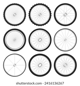 Realistic 3d bicycle wheels. Bike rubber tyres, shiny metal spokes and rims. Fitness cycle, touring, sport, road and mountain bike. Vector illustration