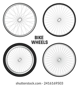 Realistic 3d bicycle wheels. Bike rubber tyres, shiny metal spokes and rims. Fitness cycle, touring, sport, road and mountain bike. Vector illustration