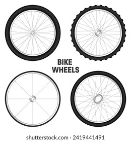 Realistic 3d bicycle wheels. Bike rubber tyres, shiny metal spokes and rims. Fitness cycle, touring, sport, road and mountain bike. Vector illustration