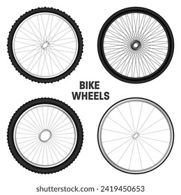 Realistic 3d bicycle wheels. Bike rubber tyres, shiny metal spokes and rims. Fitness cycle, touring, sport, road and mountain bike. Vector illustration