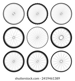 Realistic 3d bicycle wheels. Bike rubber tyres, shiny metal spokes and rims. Fitness cycle, touring, sport, road and mountain bike. Vector illustration