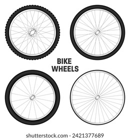 Realistic 3d bicycle wheels. Bike rubber tyres, shiny metal spokes and rims. Fitness cycle, touring, sport, road and mountain bike. Vector illustration