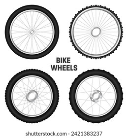 Realistic 3d bicycle wheels. Bike rubber tyres, shiny metal spokes and rims. Fitness cycle, touring, sport, road and mountain bike. Vector illustration