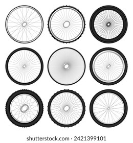 Realistic 3d bicycle wheels. Bike rubber tyres, shiny metal spokes and rims. Fitness cycle, touring, sport, road and mountain bike. Vector illustration